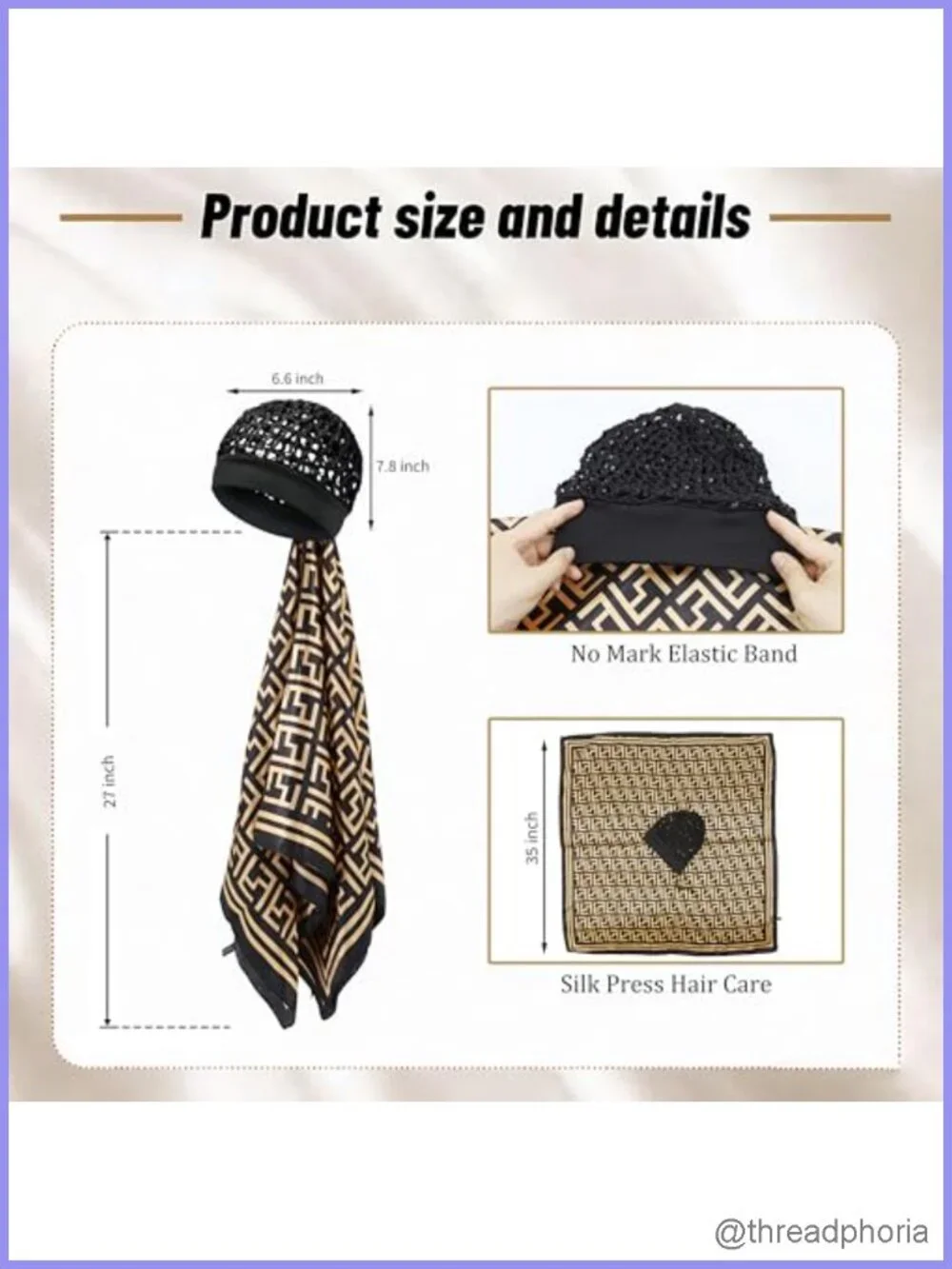 2 in 1 Silk Press Wrap Satin Scarf Hair Net Cap No Marks Stretch